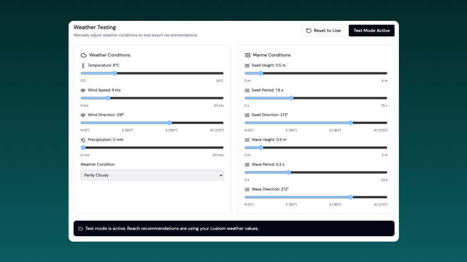Image showing user interface to set testing weather conditions
