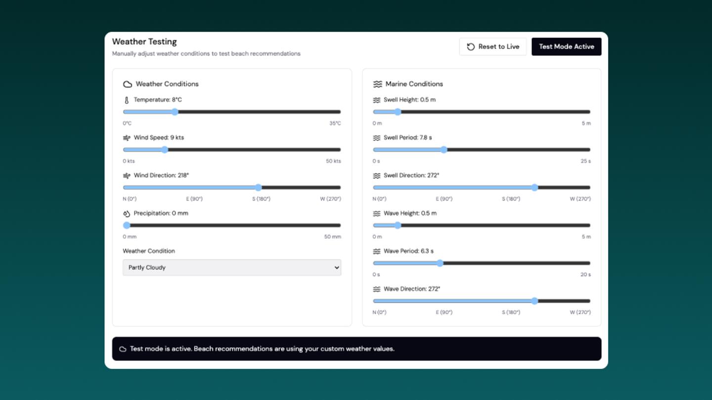 Image showing user interface to set testing weather conditions