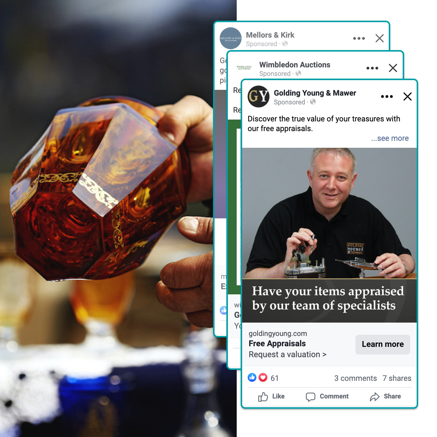 Composite image of Facebook posts over an image of an antique vase