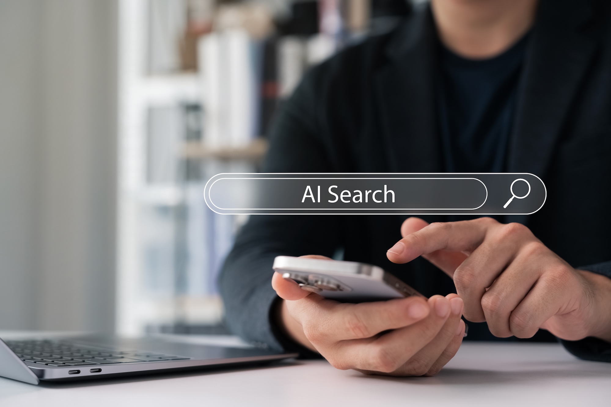 A person using a mobile phone to do an AI search